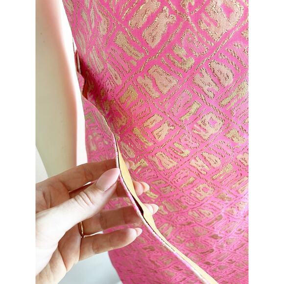 Richard Kaplan 1960s Pink Gold Metallic Thread Belted Vintage Shift Dress Sz 10 - Picture 9 of 16